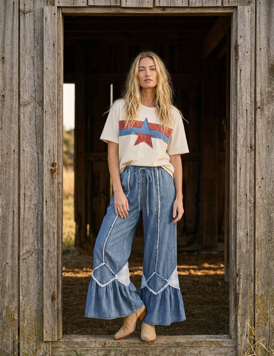 4th Of July Color Block Star Patched Top - Westly