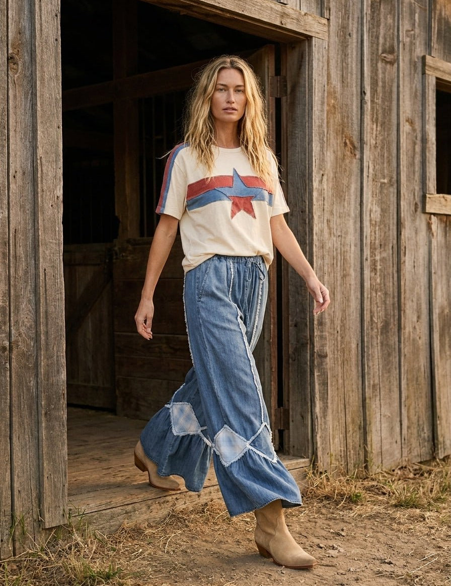 4th Of July Color Block Star Patched Top - Westly