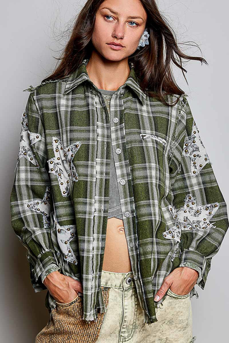 All Star Balloon Sleeve Button-Down Patchwork Shirt