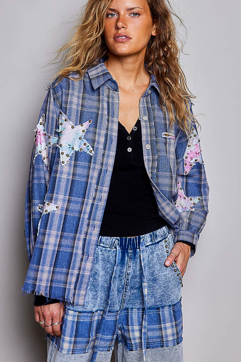 All Star Balloon Sleeve Button-Down Patchwork Shirt