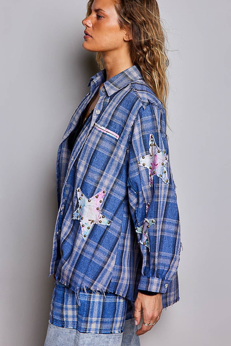 All Star Balloon Sleeve Button-Down Patchwork Shirt