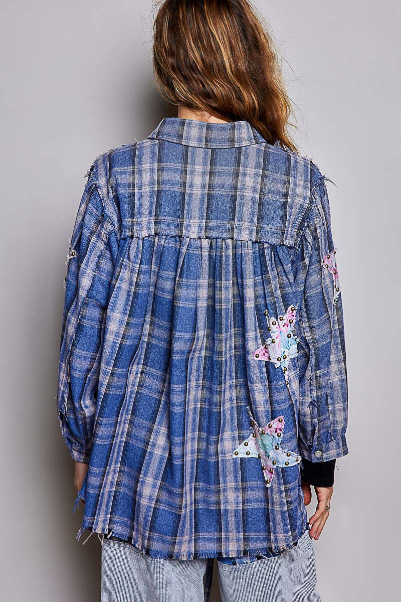 All Star Balloon Sleeve Button-Down Patchwork Shirt