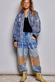 All Star Balloon Sleeve Button-Down Patchwork Shirt