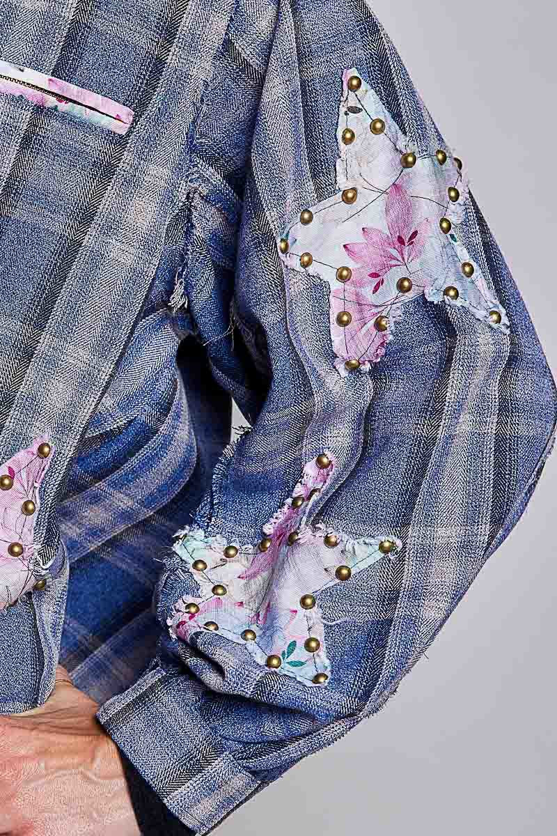 All Star Balloon Sleeve Button-Down Patchwork Shirt