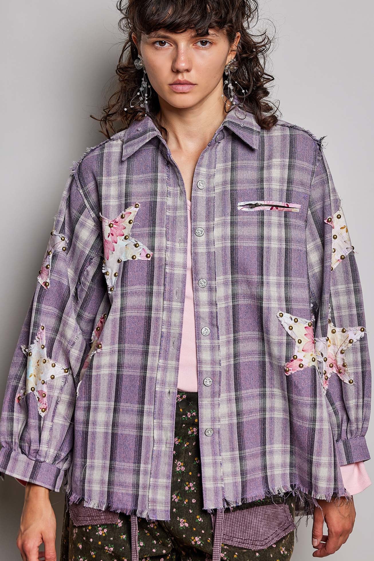 All Star Balloon Sleeve Button-Down Patchwork Shirt