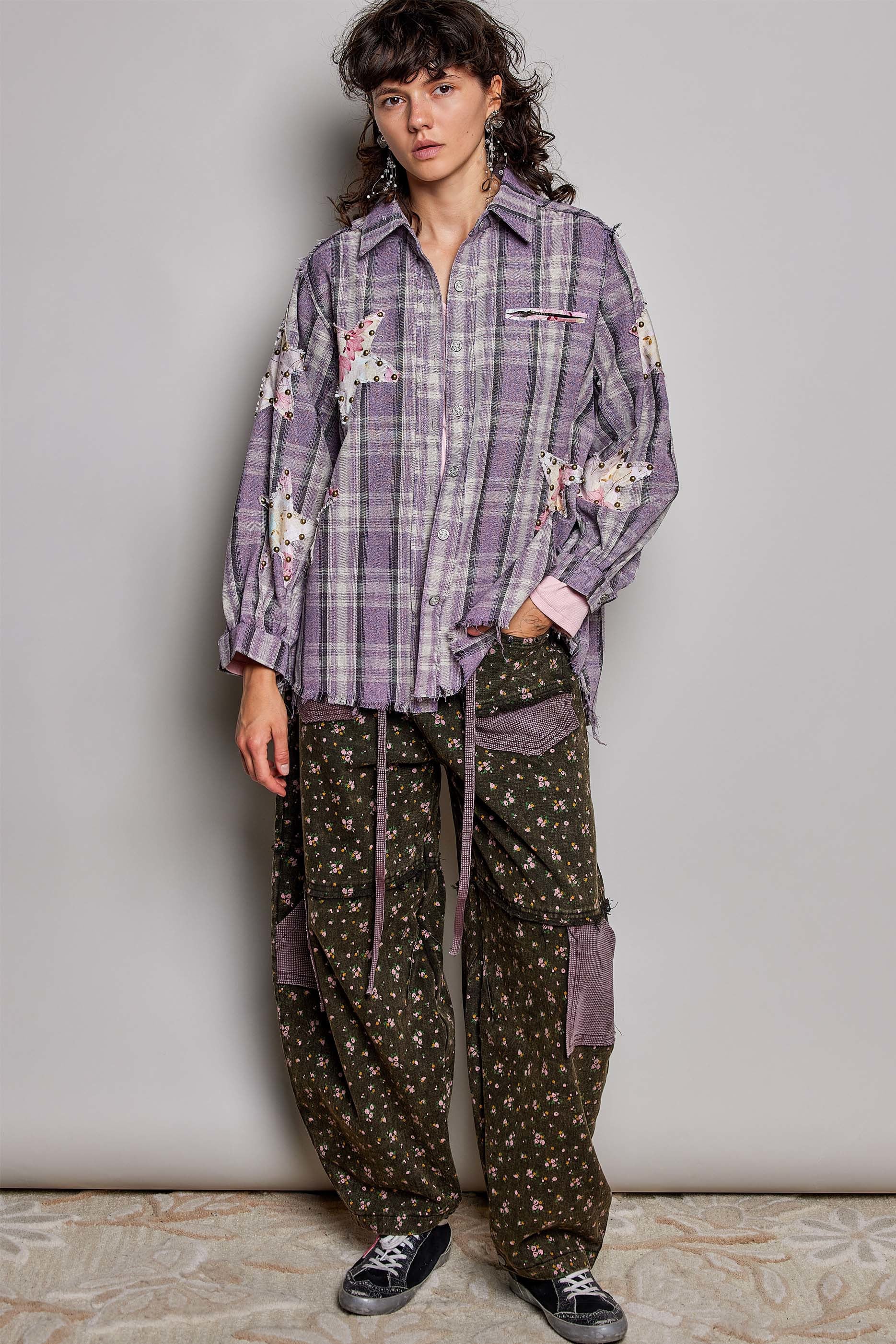 All Star Balloon Sleeve Button-Down Patchwork Shirt