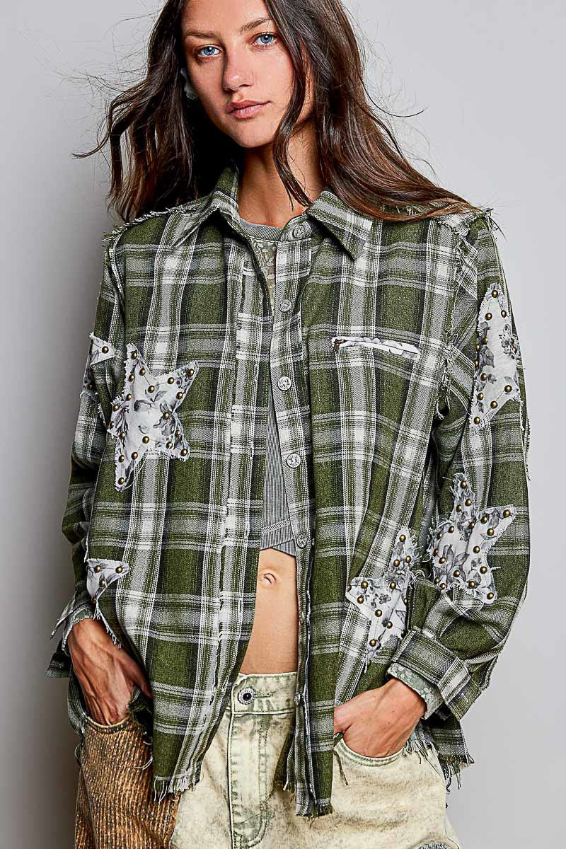 All Star Balloon Sleeve Button-Down Patchwork Shirt