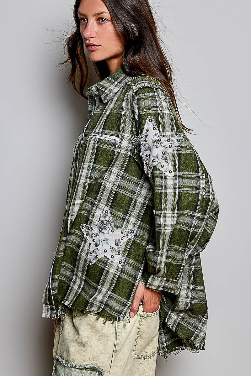 All Star Balloon Sleeve Button-Down Patchwork Shirt