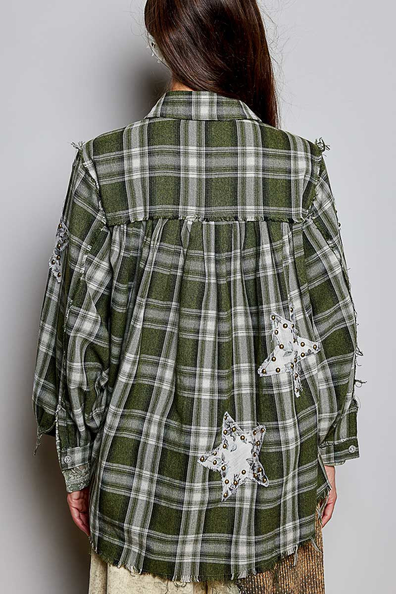 All Star Balloon Sleeve Button-Down Patchwork Shirt