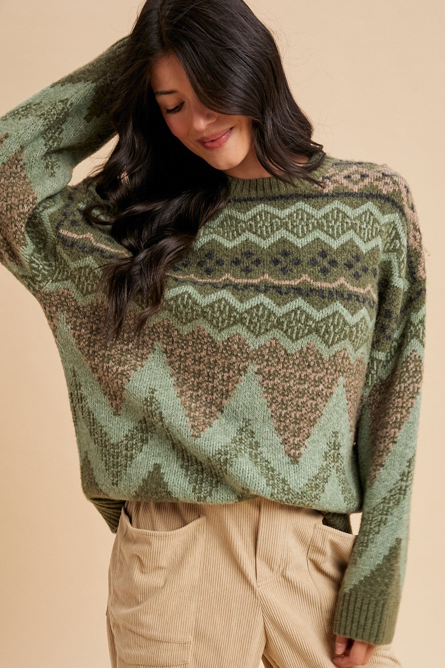 Alpine Wool Blend Oversized Fair Isle Sweater