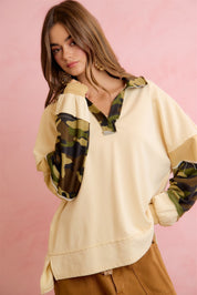 Beck Camo Patchwork V-Neck Relaxed Pullover