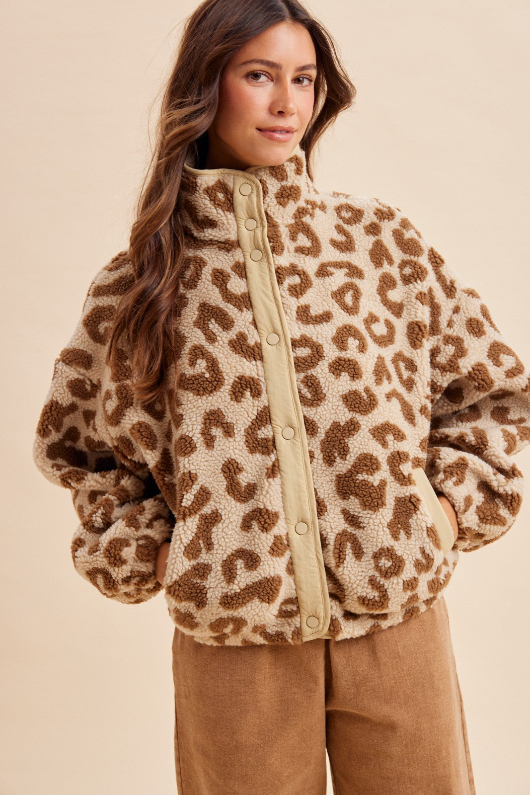 Calico Leopard High Neck Sherpa Jacket