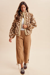 Calico Leopard High Neck Sherpa Jacket