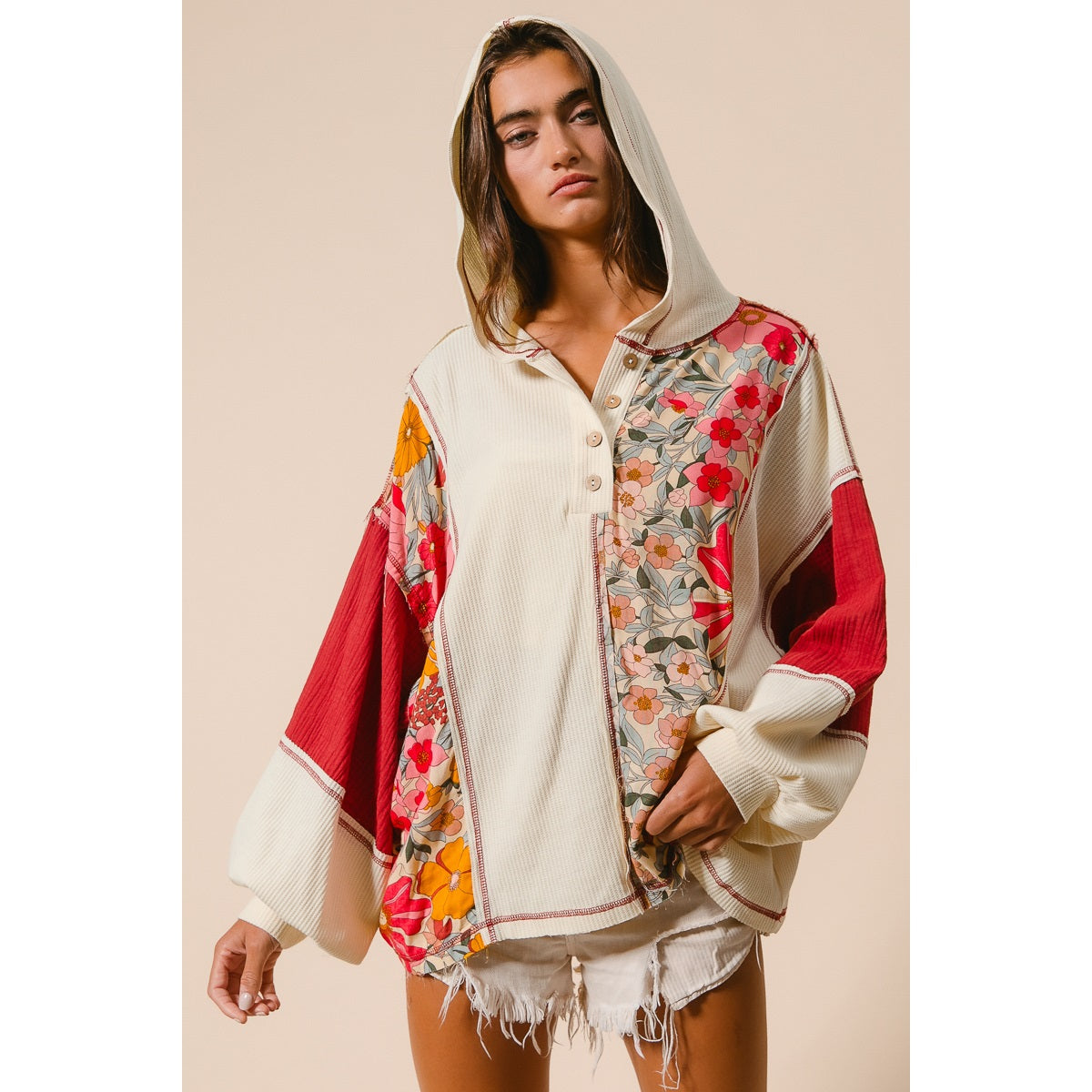 Carson Knit and Print Mixed Hoodie Top