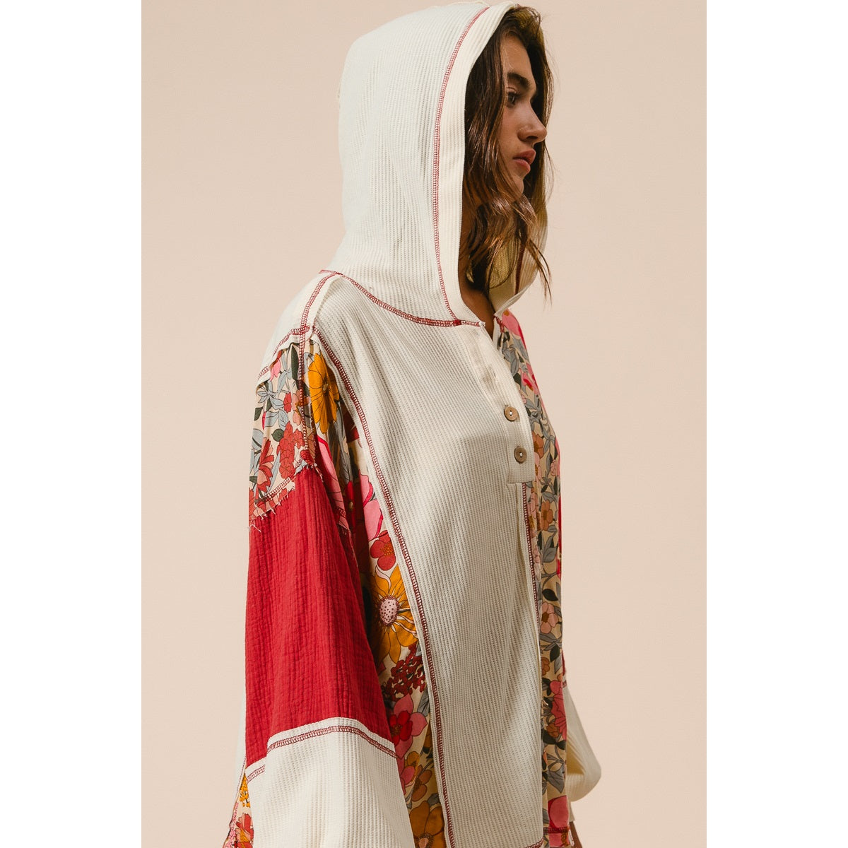 Carson Knit and Print Mixed Hoodie Top