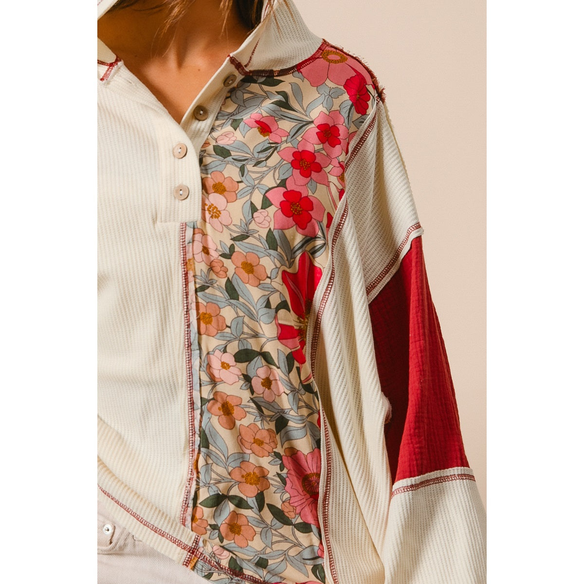 Carson Knit and Print Mixed Hoodie Top