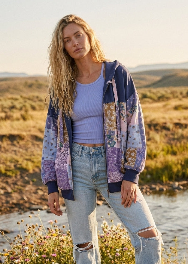 Cottonwood Multi Pattern Patchwork Zip-Up Hoodie