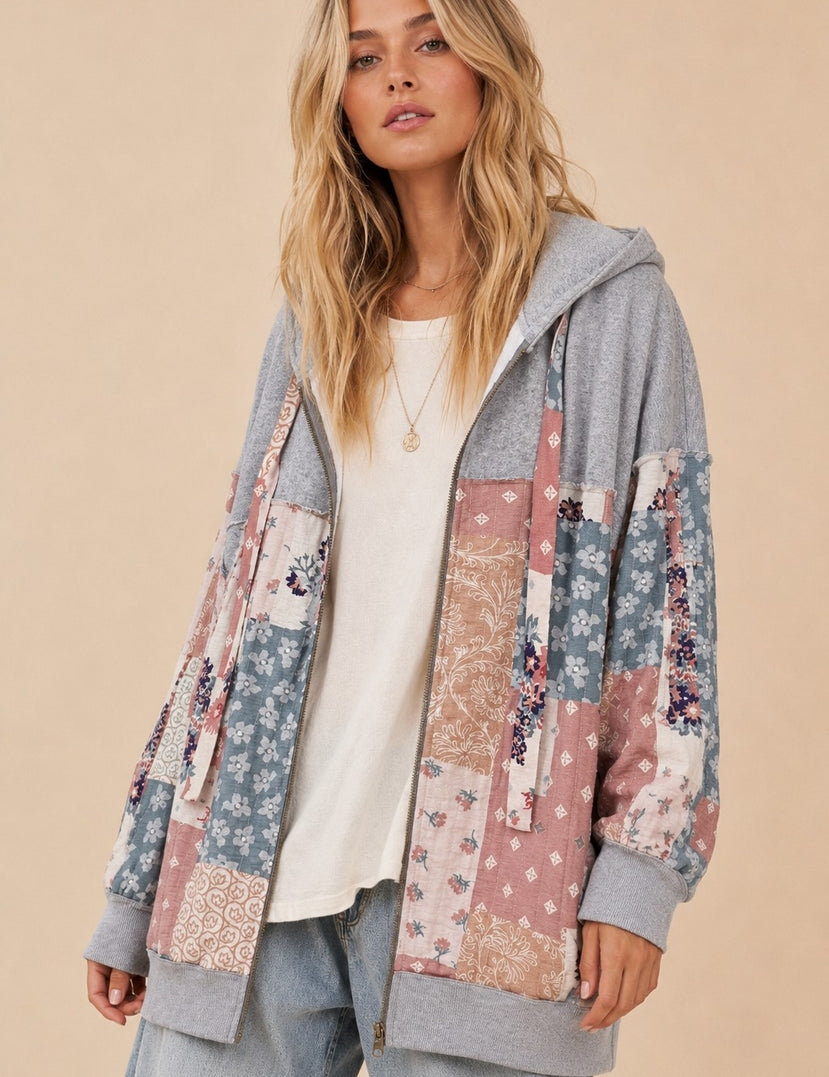 Cottonwood Multi Pattern Patchwork Zip-Up Hoodie