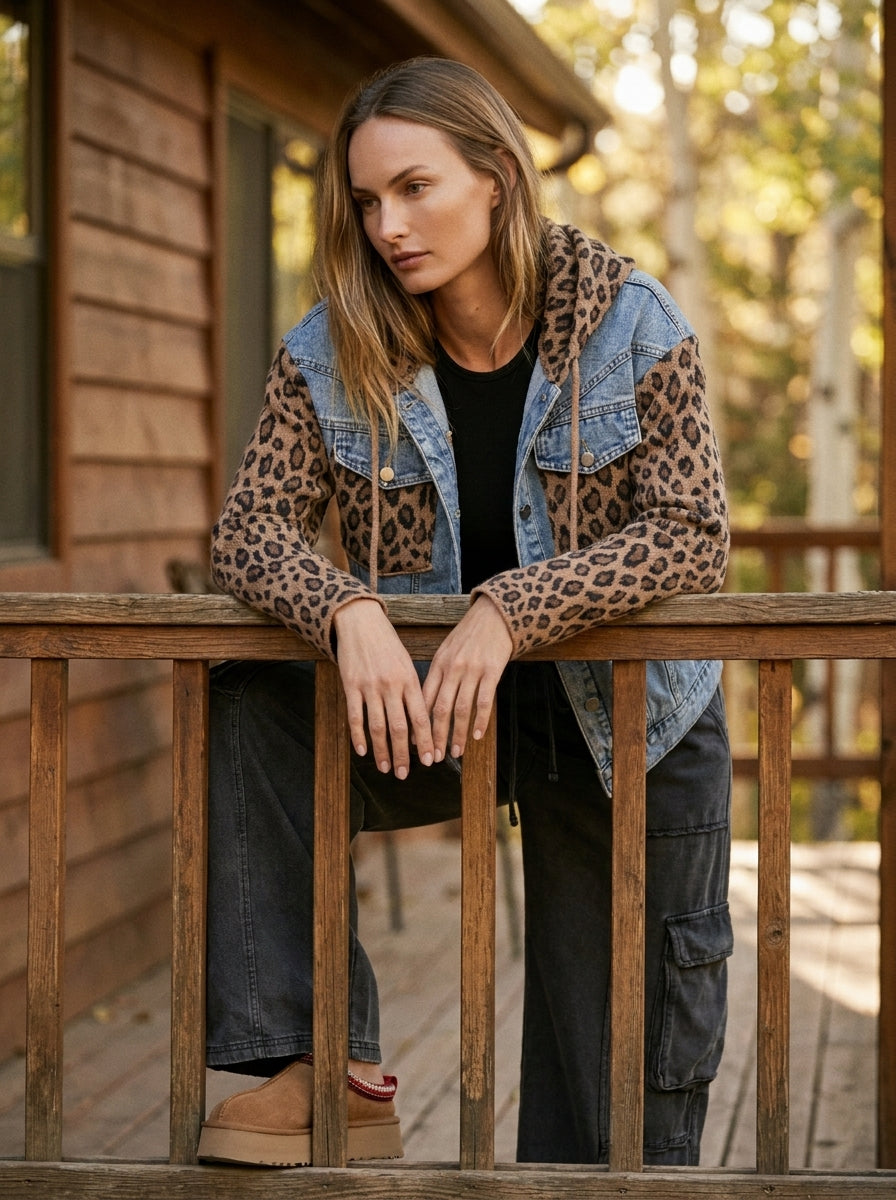Double-Take Animal Print Hooded Denim Vest