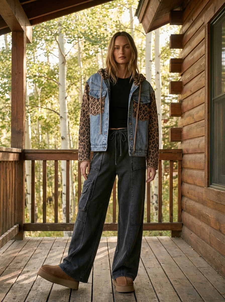 Double-Take Animal Print Hooded Denim Vest