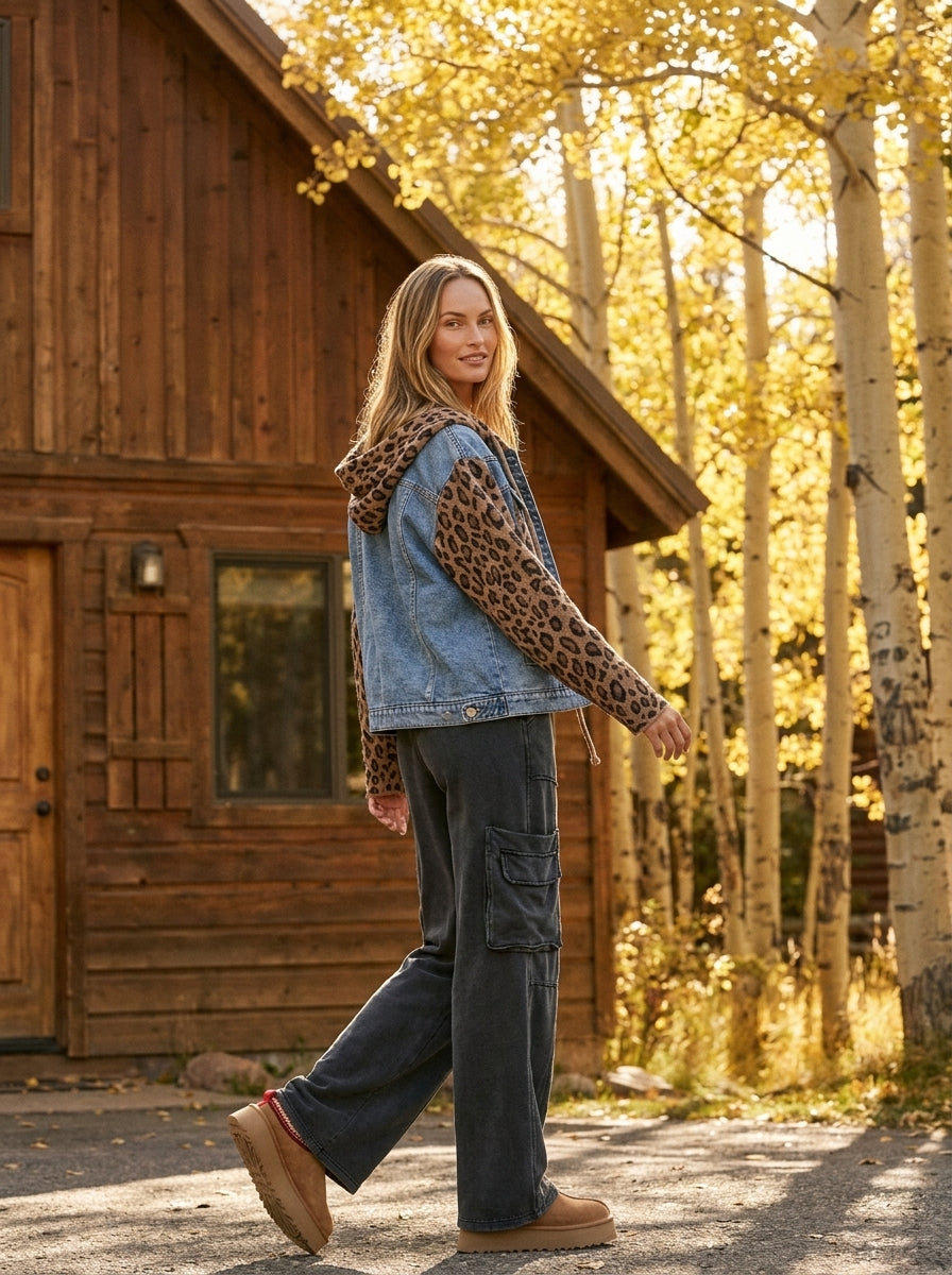Double-Take Animal Print Hooded Denim Vest