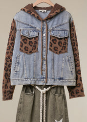 Double-Take Animal Print Hooded Denim Vest