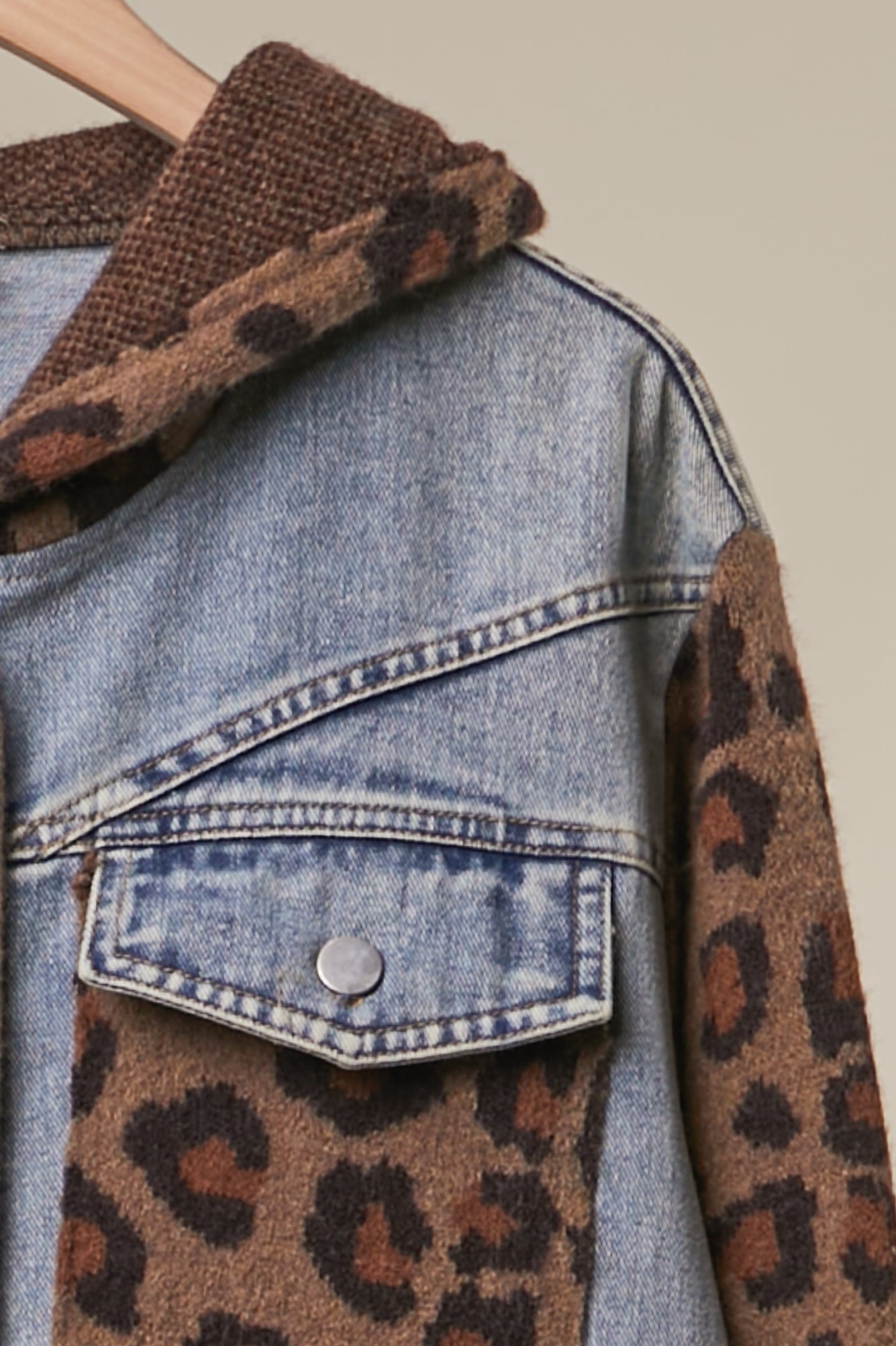 Double-Take Animal Print Hooded Denim Vest