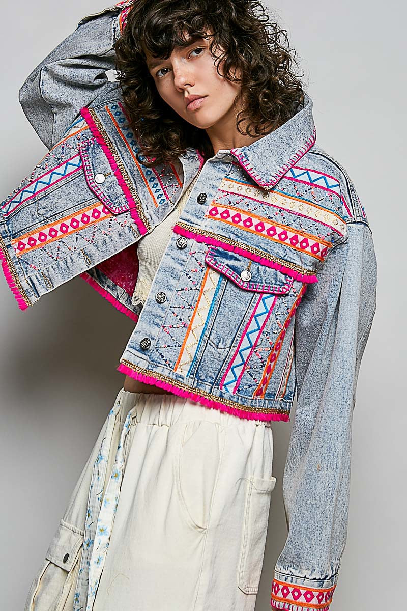 Electric Rodeo Hand-Embroidered Beaded Denim Jacket