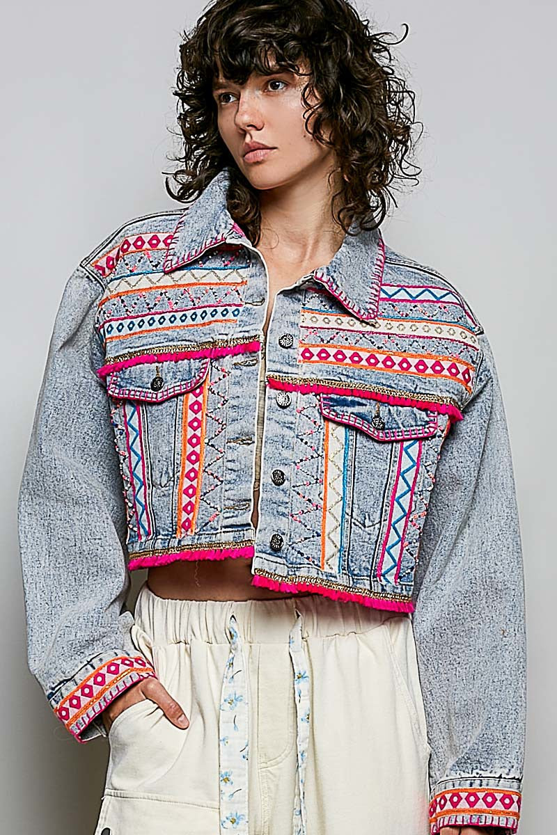 Electric Rodeo Hand-Embroidered Beaded Denim Jacket