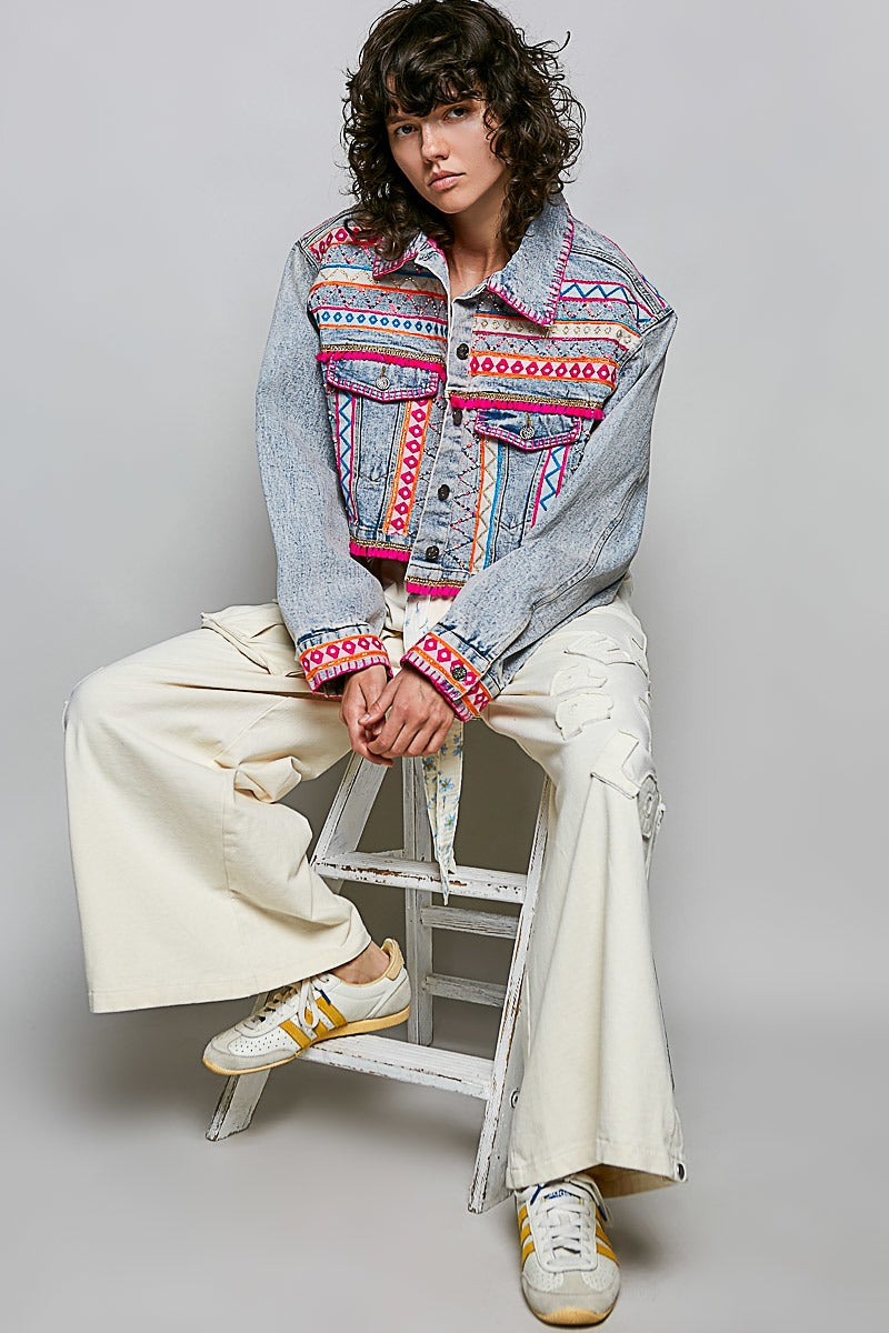 Electric Rodeo Hand-Embroidered Beaded Denim Jacket