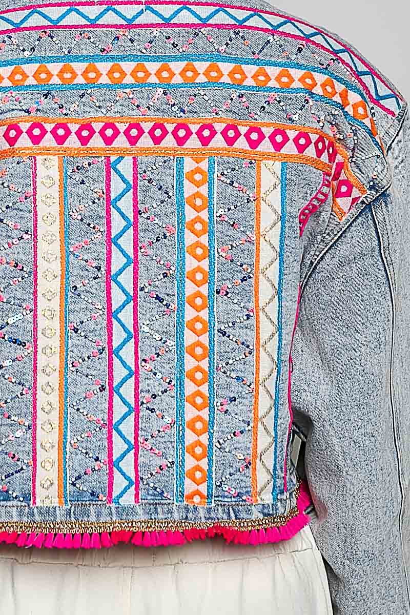 Electric Rodeo Hand-Embroidered Beaded Denim Jacket