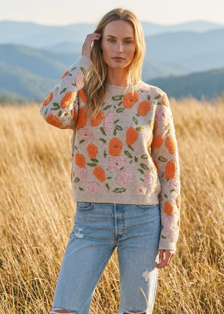 Elsinore Fuzzy Texture Floral Knit Sweater