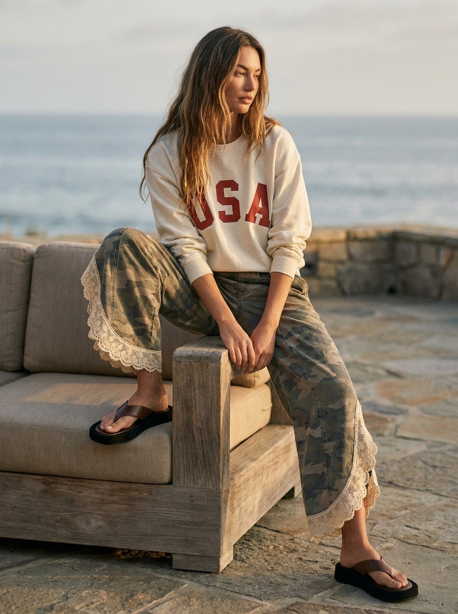 Chloe Lace Hem Tulip Washed Camo Pants