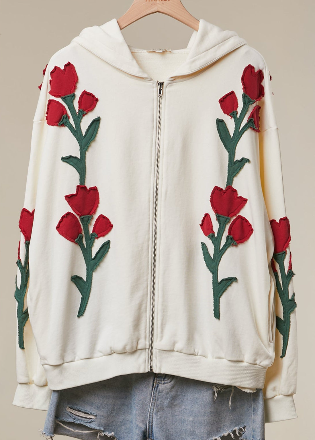 Wild Rose Floral Embroidered Zip-Up Hoodie
