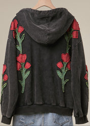 Wild Rose Floral Embroidered Zip-Up Hoodie