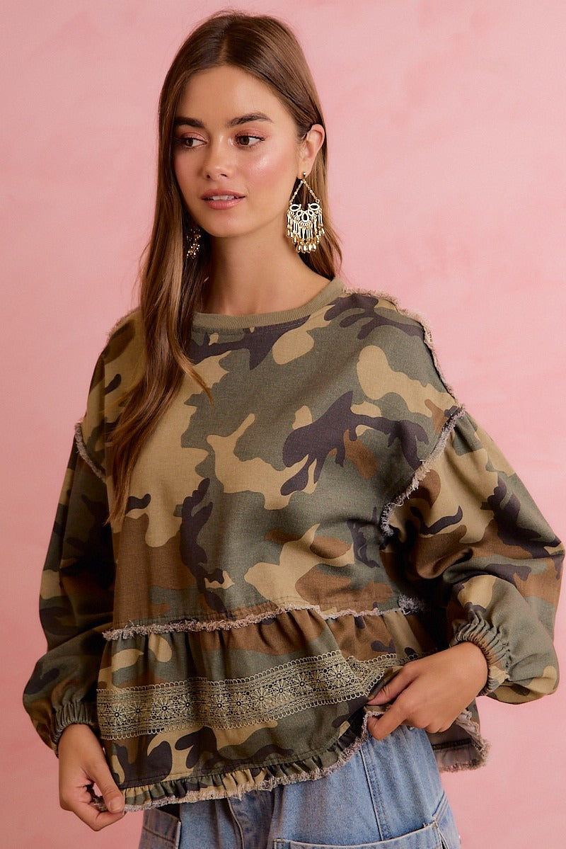 Frontier Camo Print Tiered Ruffle Hem Top