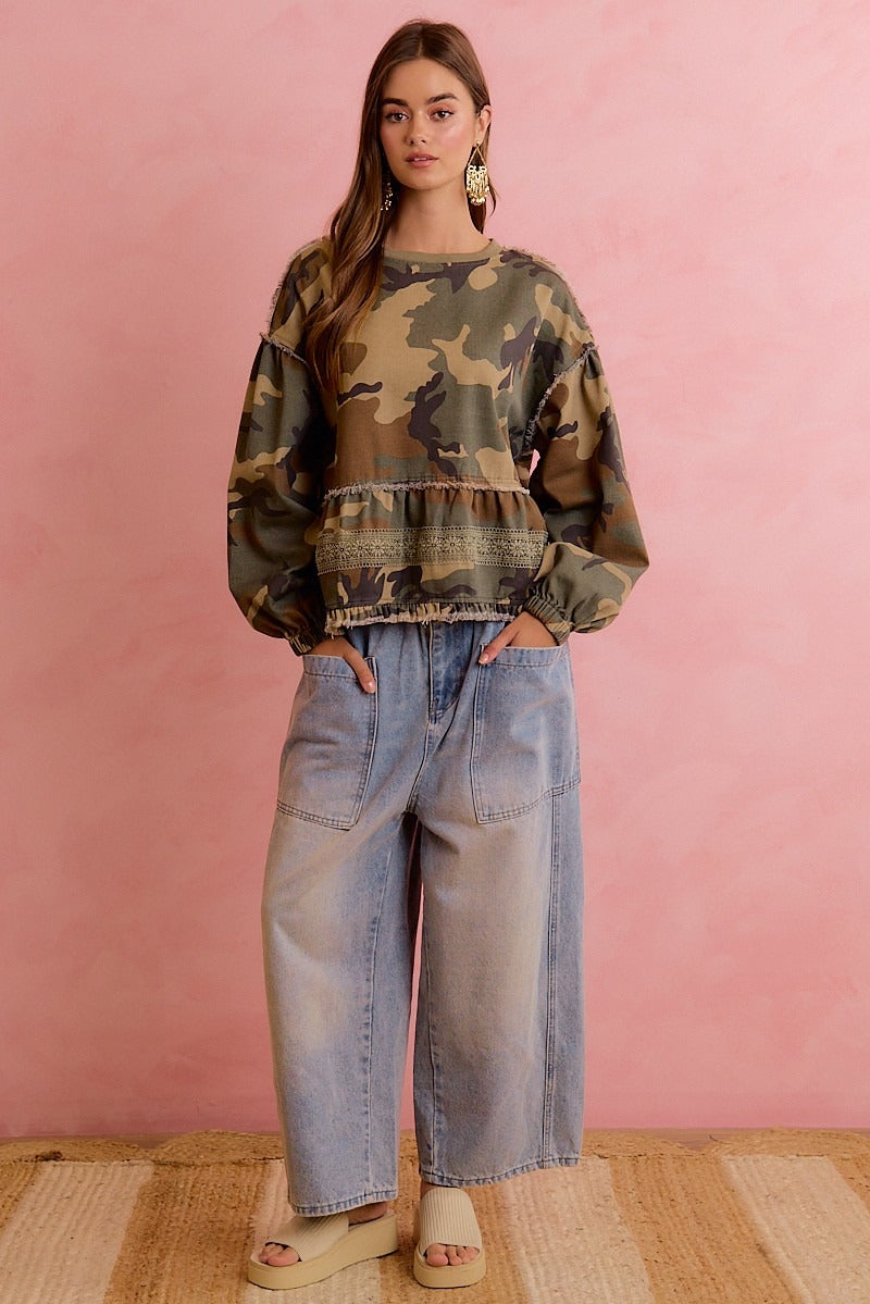 Frontier Camo Print Tiered Ruffle Hem Top