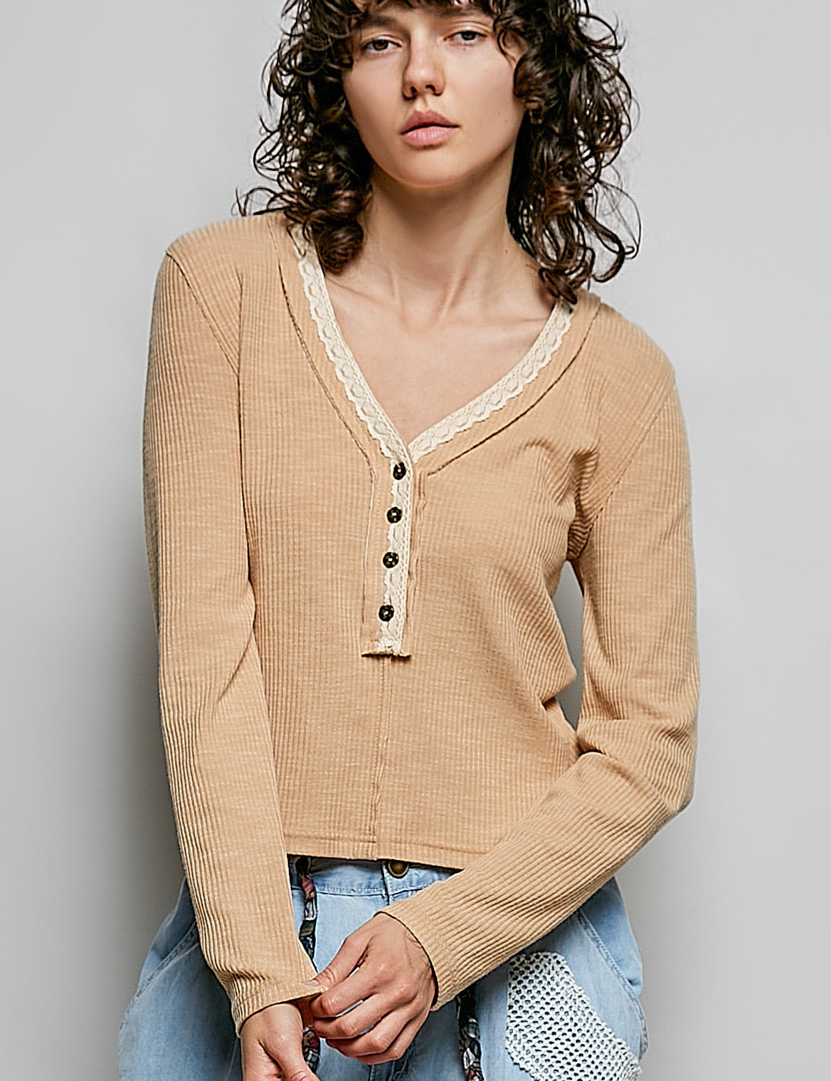 Good Intentions V-Neck Lace Trim Henley