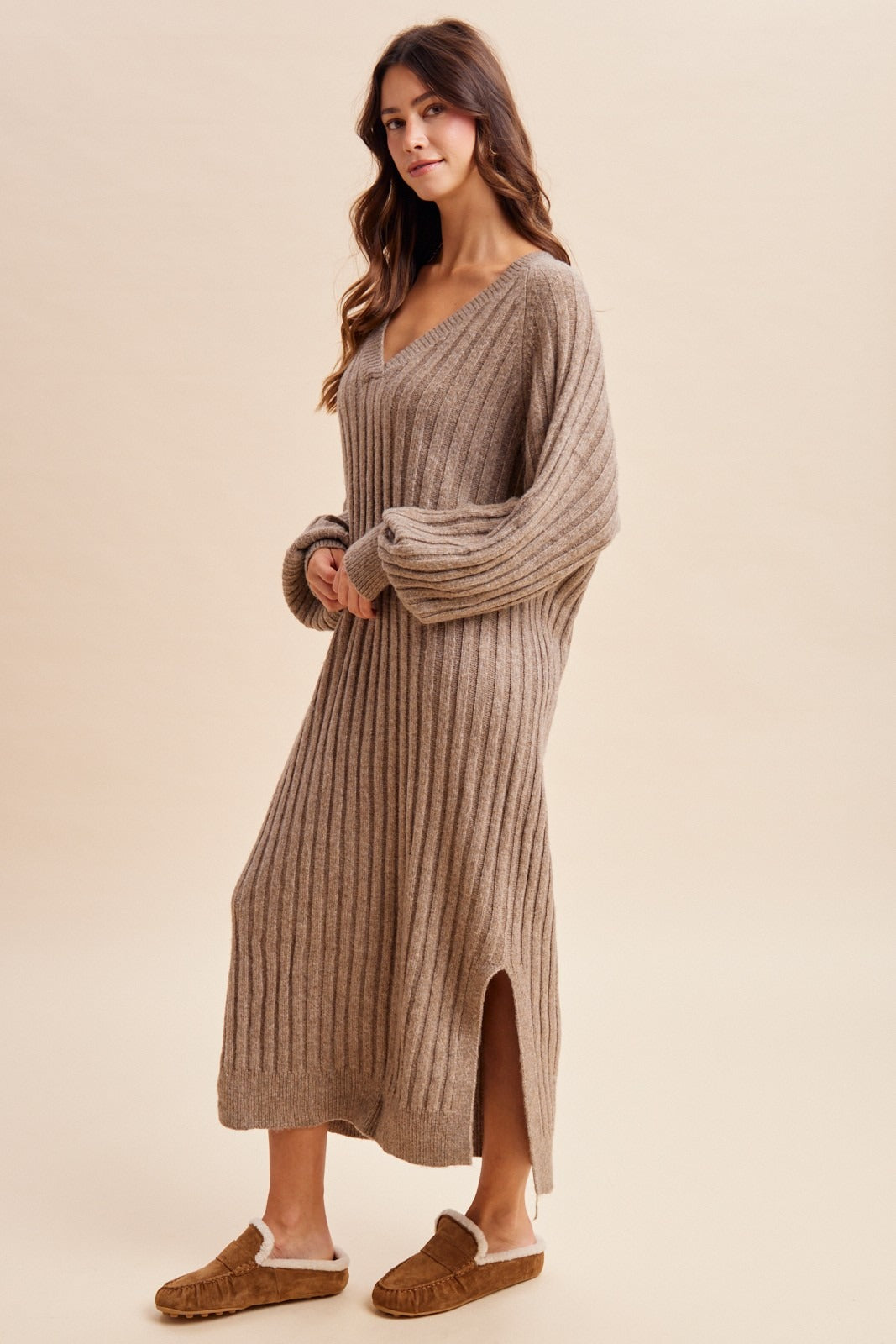 Harlowe Variegated Ribbed V-Neck Sweater Dress