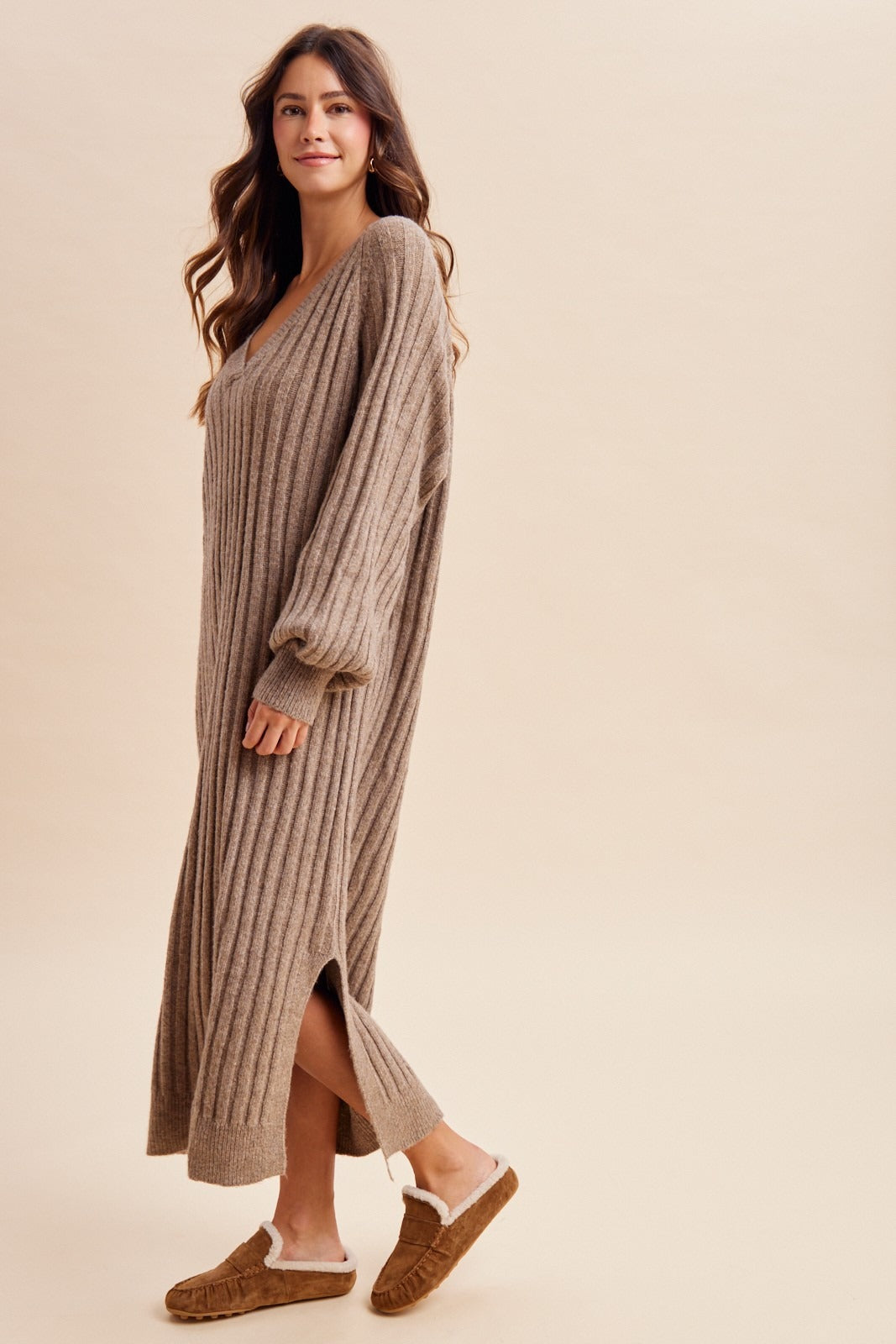 Harlowe Variegated Ribbed V-Neck Sweater Dress