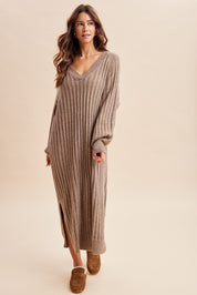 Harlowe Variegated Ribbed V-Neck Sweater Dress