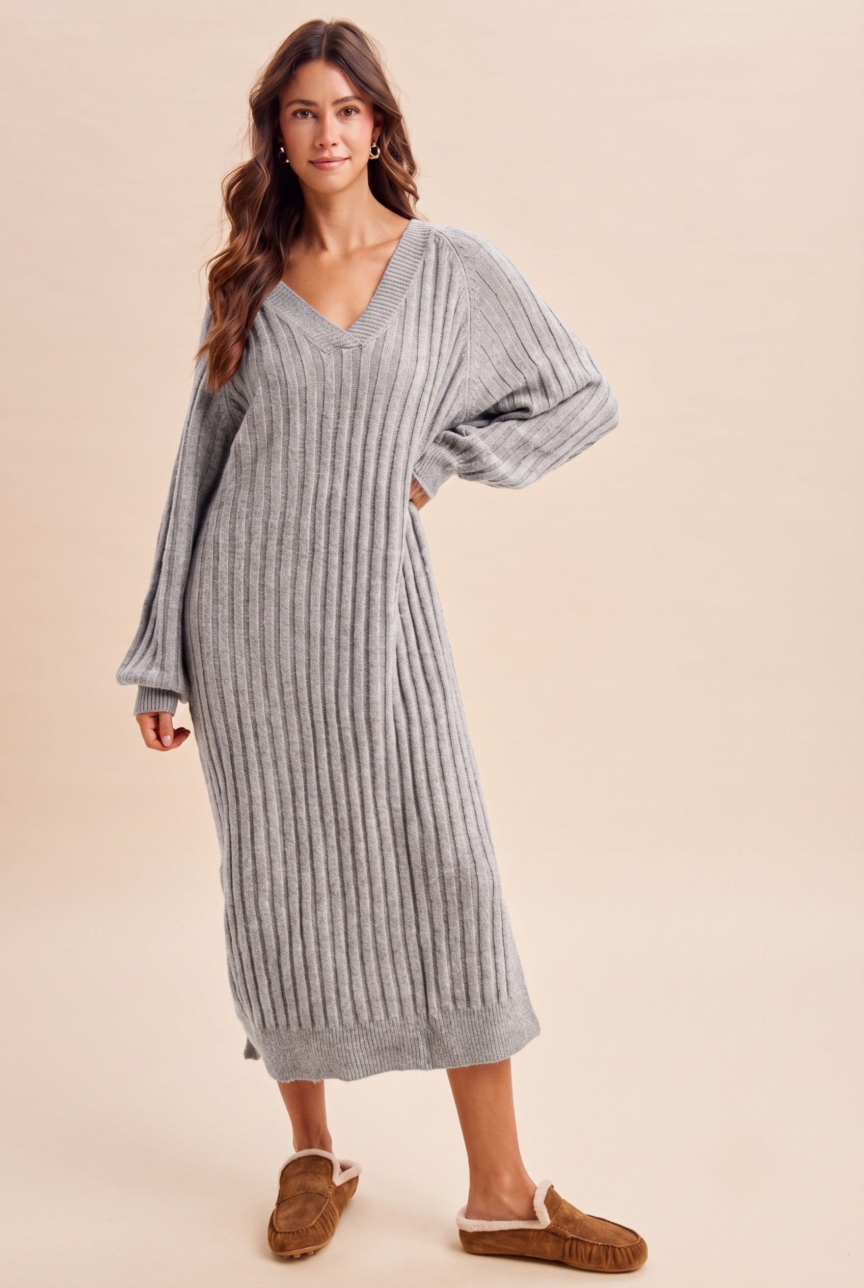 Harlowe Variegated Ribbed V-Neck Sweater Dress