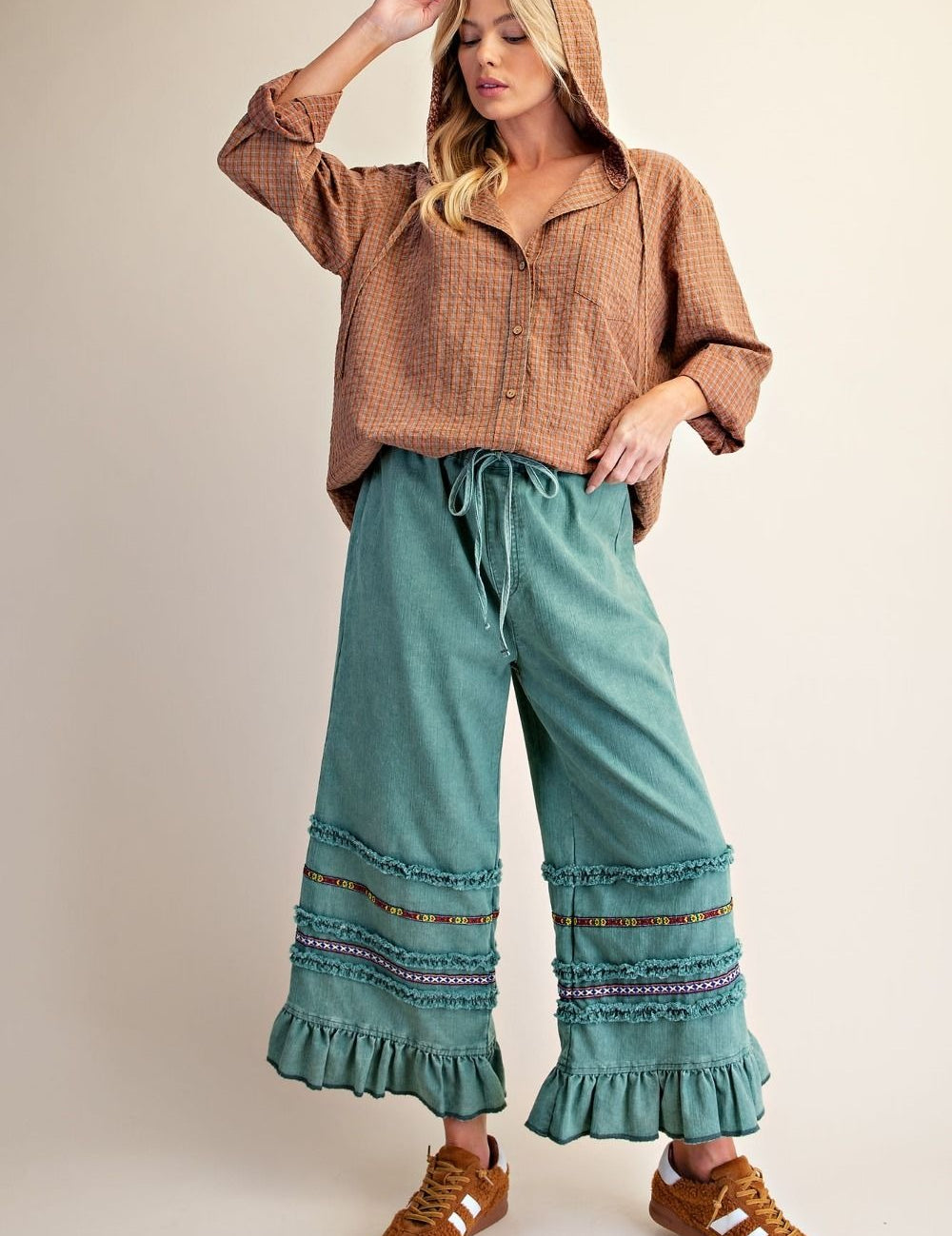 Harmony Ruffle Bottom Stone Washed Chambray Pants