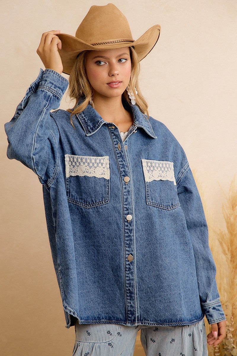 Harper Washed Denim Lace Trim Shacket