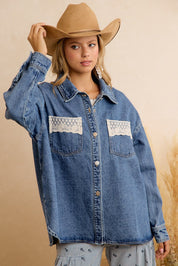 Harper Washed Denim Lace Trim Shacket