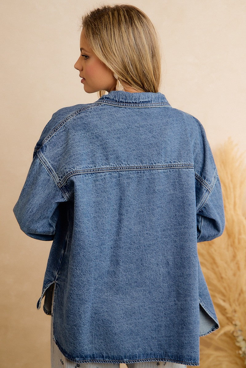 Harper Washed Denim Lace Trim Shacket