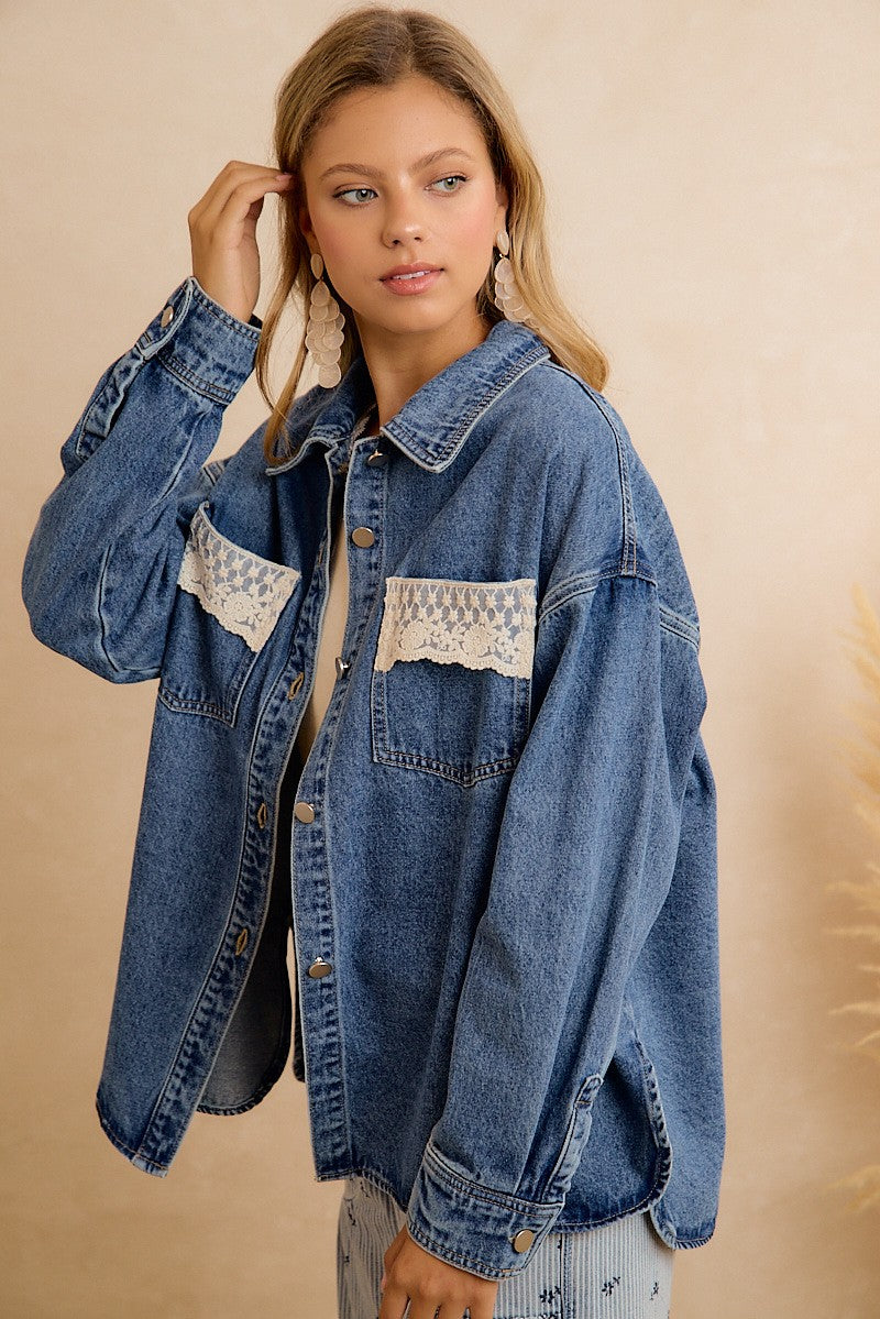 Harper Washed Denim Lace Trim Shacket