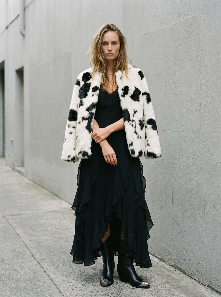 Hartwell Cow Print Faux Fur Jacket
