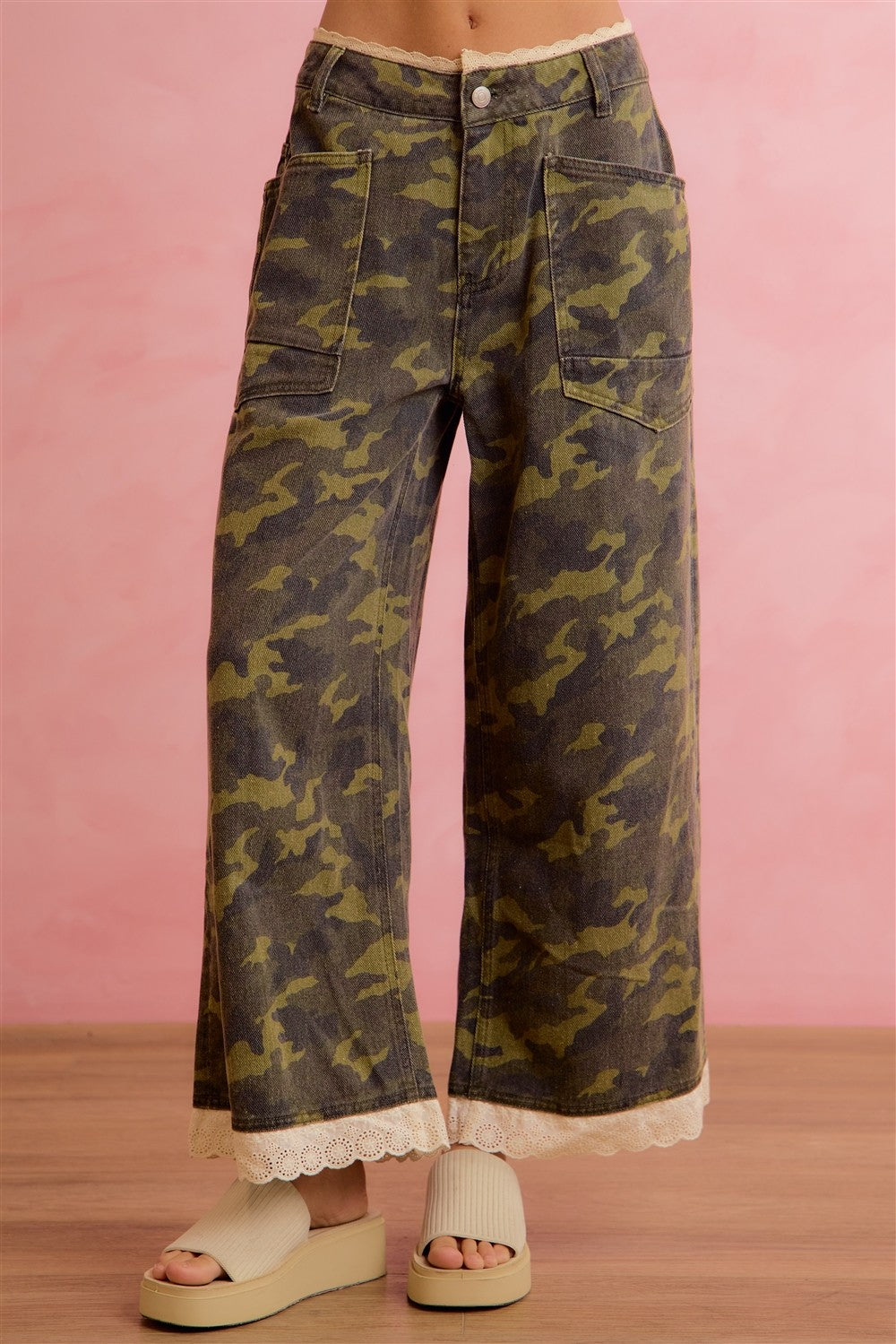 Hidden Romance Camo Crochet Lace Trim Pants