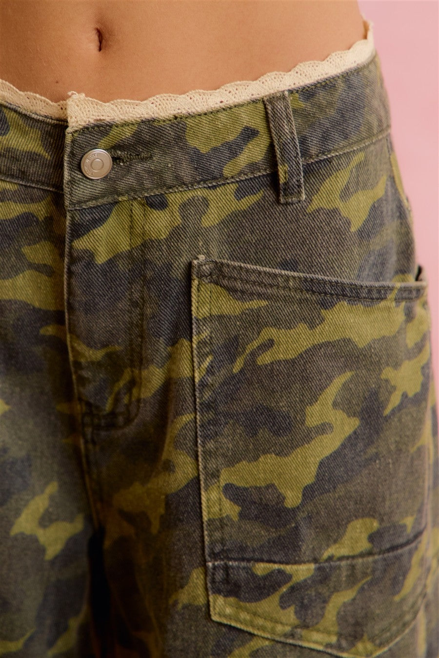 Hidden Romance Camo Crochet Lace Trim Pants